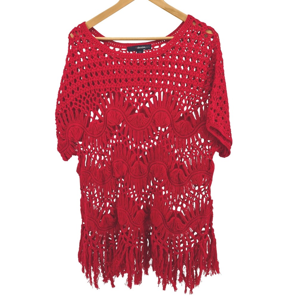 Denim247 Red Crochet Tassel Kimono Cover Up Top Plus Size 1X Beach Boho‎ 22/24